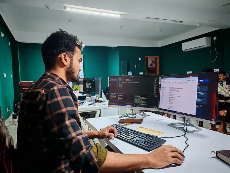 Developer working on software code in a modern engineering workspace